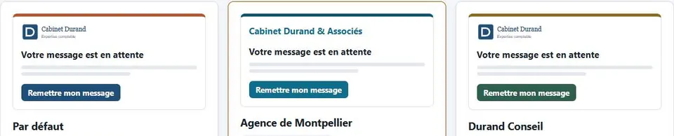 Trois apparences d'un client fictif, chacune avec sa miniature : « Par défaut », « Agence de Montpellier » et « Durand Conseil », avec des logos et des couleurs de bouton différents.