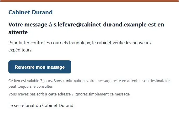 Message de vérification d'un cabinet fictif : « Votre message est en attente », bouton « Remettre mon message », lien valable 7 jours, mention « Messagerie protégée par CLIKSPAM (CLIKINFO, Béziers) ».