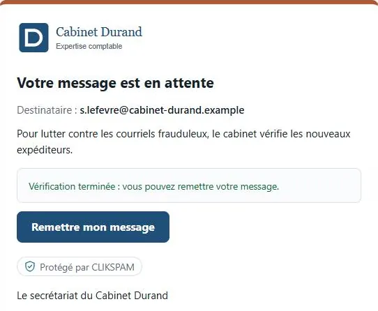 Page de vérification aux couleurs du même cabinet fictif : vérification terminée, bouton « Remettre mon message », mention « Protégé par CLIKSPAM ».